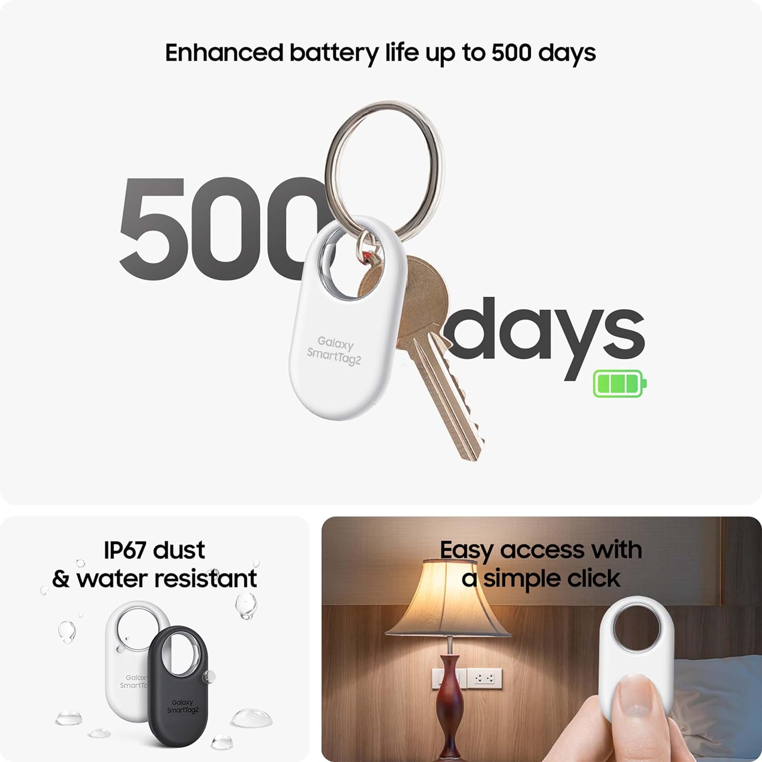 The image is an advertisement for a key-finding device known as the Galaxy SmartTag2. The top part of the image features a key ring with a white Galaxy SmartTag attached to it, highlighting the product's enhanced battery life of up to 500 days. Below that, there are three smaller images highlighting additional features of the SmartTag:

1. The bottom left image indicates that the product is IP67 dust and water-resistant, showcasing two SmartTags with water droplets around them to demonstrate their resistance to water and dust.

2. The middle image at the bottom looks to show a living room setting with a lamp, indicating the ease of use or potential use case for turning on a light with a simple click of the SmartTag.

3. And the bottom right image depicts a person holding a SmartTag and pressing a button on it, suggesting the simplicity of the device and how it can be operated with a single click.