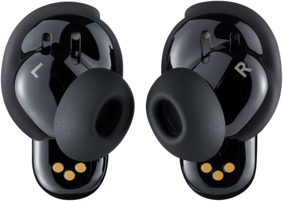 This image shows a pair of Bose QuietComfort Ultra Earbuds. They have a black glossy finish.