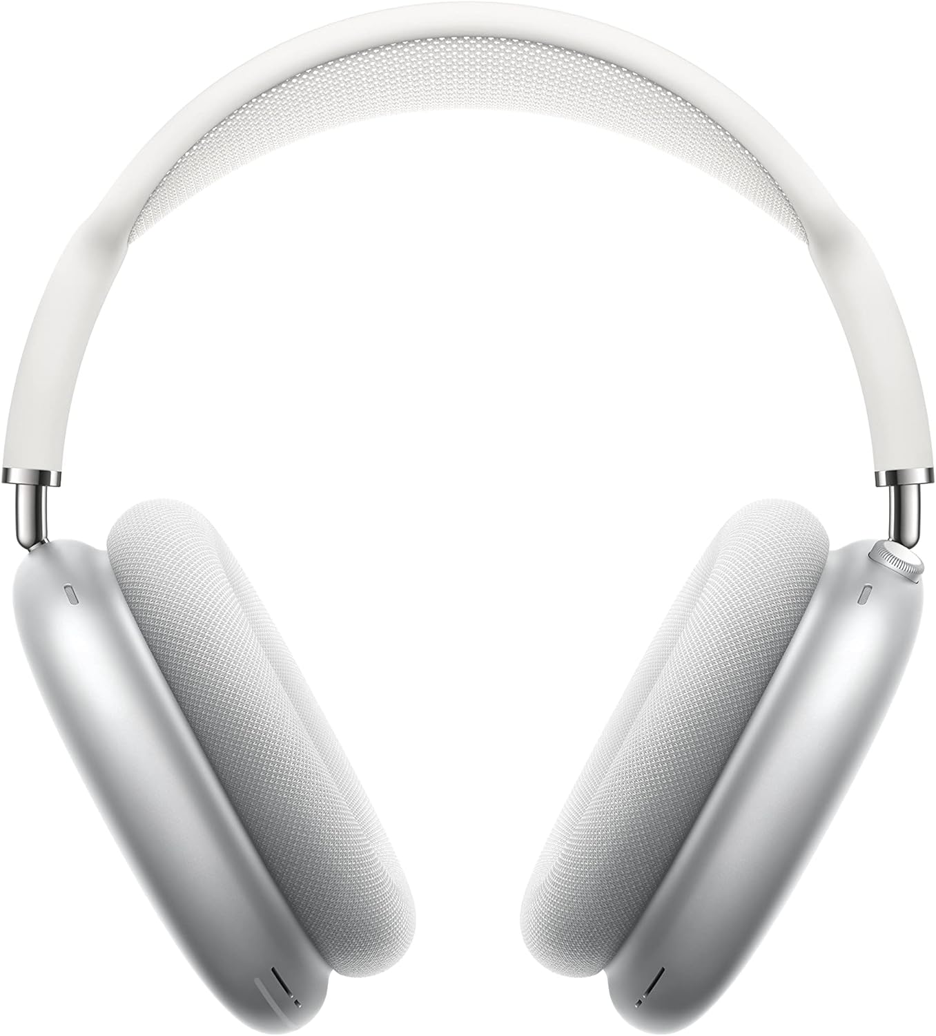 The image shows a pair of Apple AirPods Max, featuring large ear cushions and a headband. The headphones have a sleek modern design, with a white and light grey color scheme. The materials look like they might be a combination of metal for the structural elements, and some sort of textile or mesh for the headband and ear cushion covers, which is common for improved comfort and breathability. The headphones also appear to have some buttons or controls on the side, suggesting they may have built-in functionalities such as volume control, power on/off, or perhaps active noise cancellation.