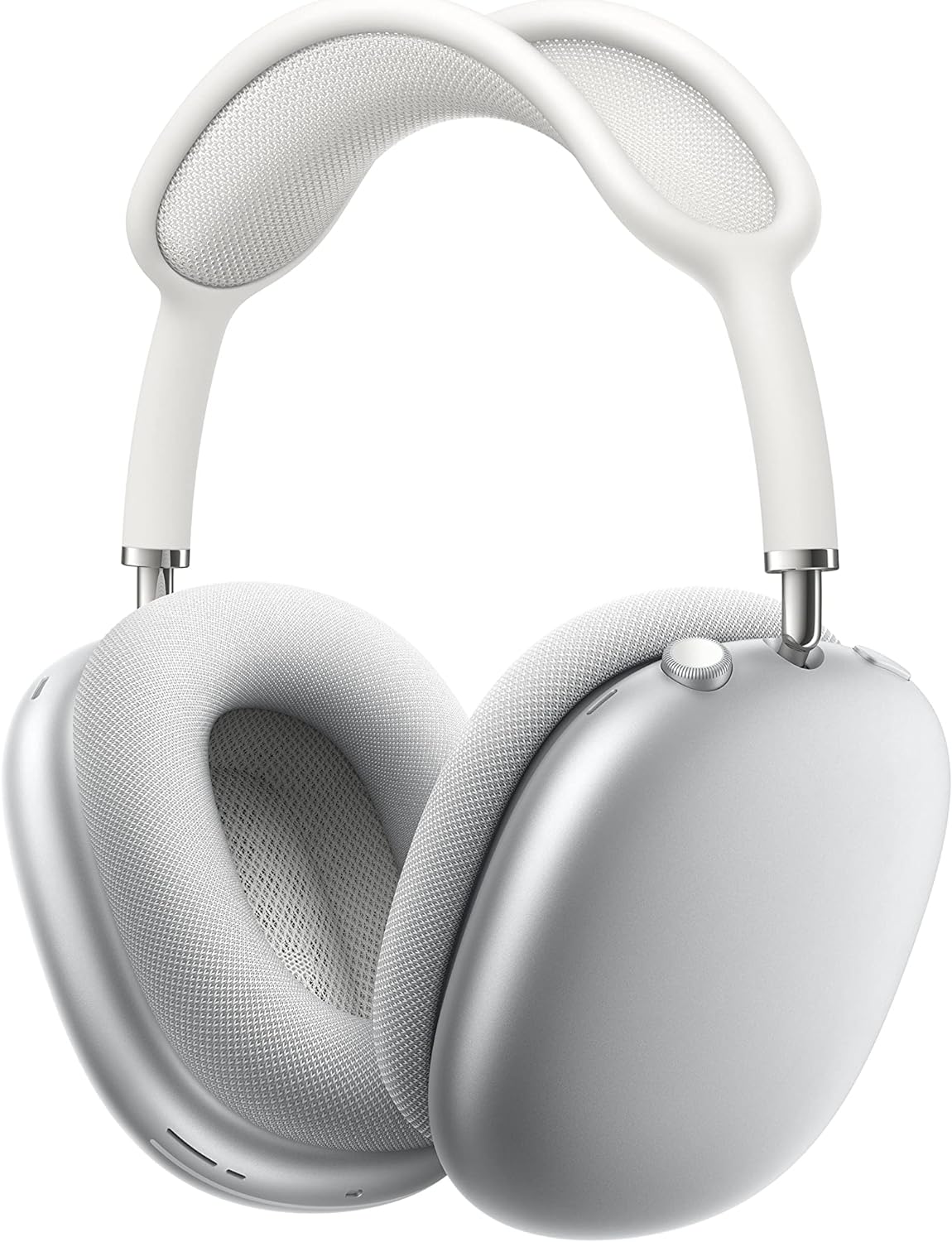 This is an image of a pair of Apple AirPods Max. The headphones have a modern and sleek design, featuring a white or light grey color scheme with metal accents. They include large ear cups that are likely designed to provide noise isolation, along with a padded headband for comfort. There's a mesh texture visible on the headband and ear cups, which suggests a breathable material for extended wear. There also appear to be some controls on the ear cup, which could be for volume adjustment, power, or active noise cancellation.