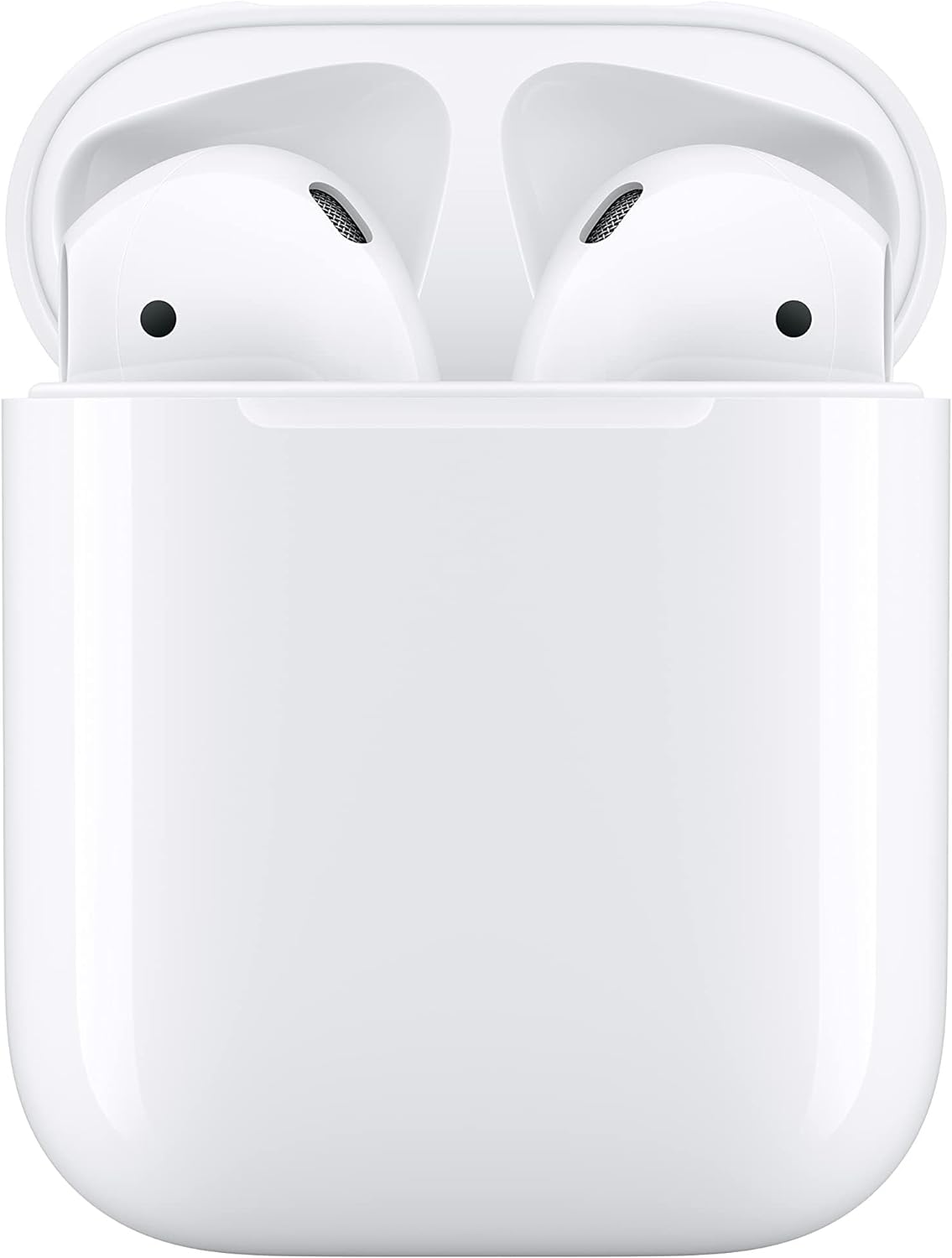 This image displays a pair of Apple AirPods 2 earbuds inside their charging case. The earbuds are white, with no visible brand markings in the image presented. Such wireless earbuds are typically used for listening to audio content from a smartphone, tablet, or computer via Bluetooth connectivity. The design appears modern and compact, emphasizing portability and convenience for the user.