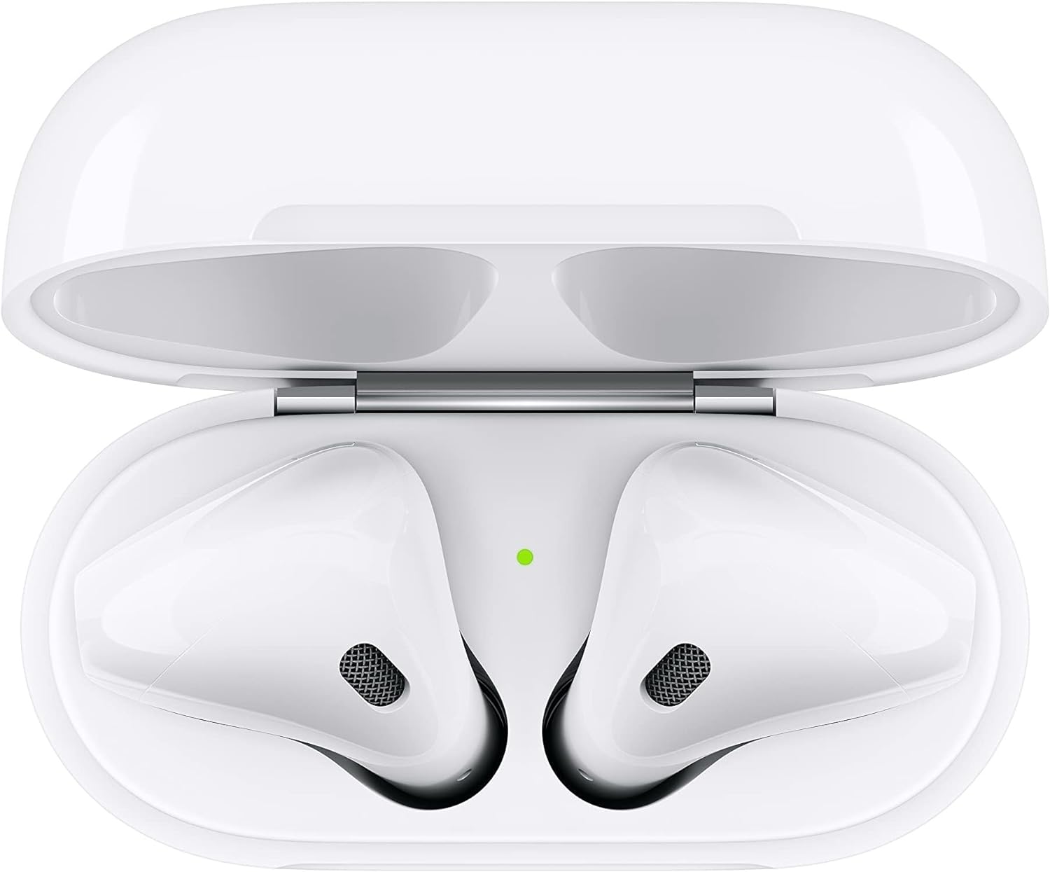 The image shows a pair of Apple AirPods 2 earbuds in their charging case. The design suggests they are a product commonly associated with a well-known consumer electronics brand. The earbuds sit in the case with the lid open, displaying the earpieces and the charging contacts. A small LED indicator light on the front of the case is visible, showing that the case is likely charged or currently charging the earbuds. The overall look is sleek and minimalist, typical of modern personal audio devices.