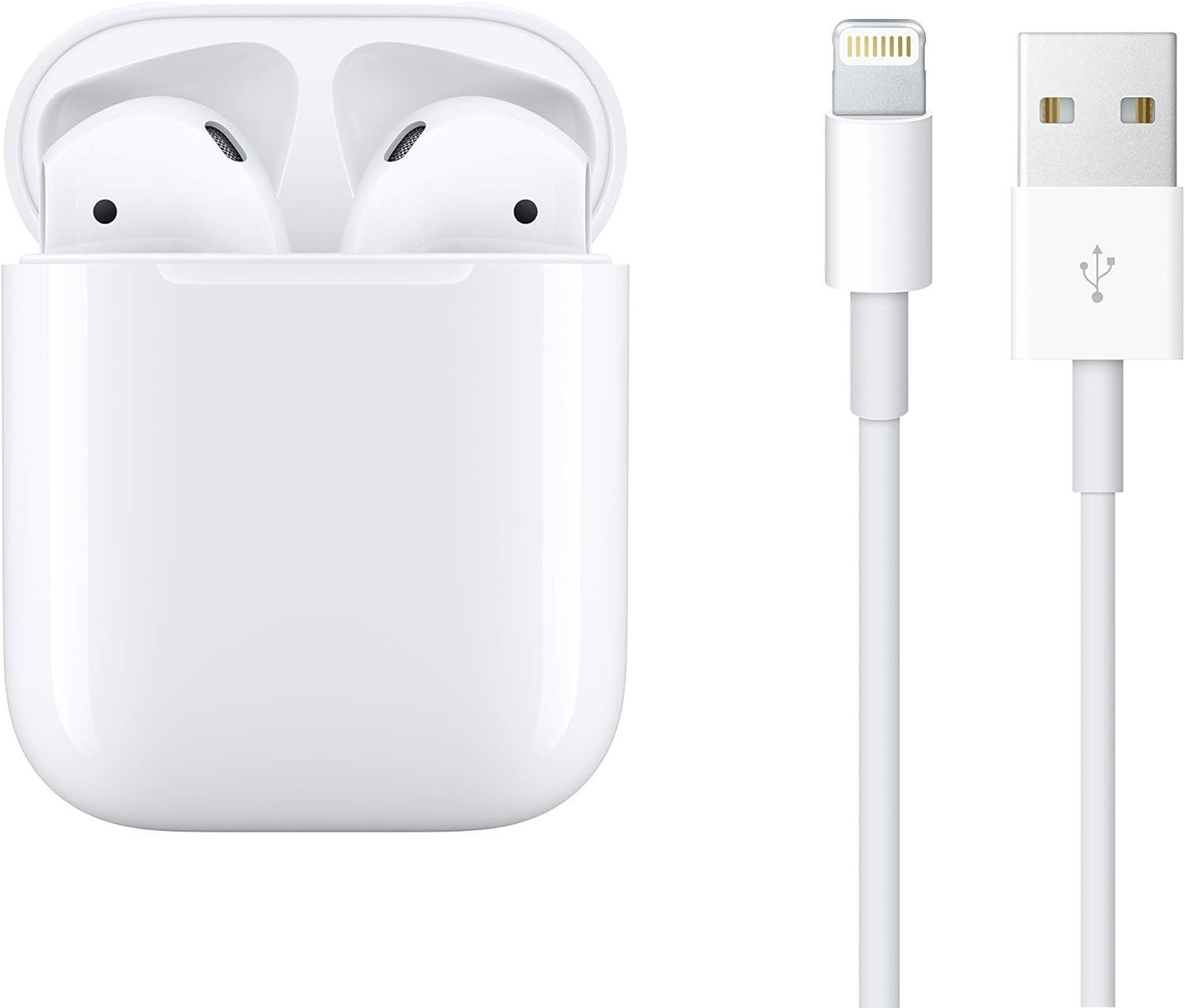 The image shows a pair of Apple AirPods 2 earbuds inside a charging case, with a lightning cable beside it. The earbuds are designed to be inserted into the ear canal, and they are typically used for listening to audio from a mobile device such as a smartphone or tablet. The cable has a USB connector at one end and a lightning connector at the other, which is typically used for charging Apple devices or for connecting them to other peripherals. The charging case is used to store and charge the earbuds when they are not in use.