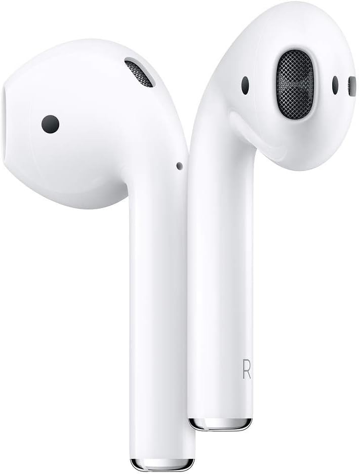 The image shows a pair of Apple AirPods 2 earbuds. These are designed to be compact and portable, providing a cable-free experience for audio playback. They are typically connected to a device, such as a smartphone or tablet, via Bluetooth.