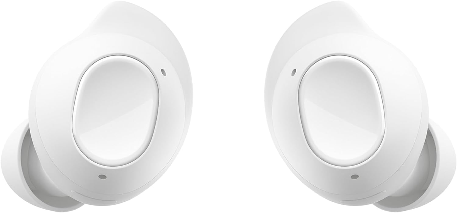 This image features a pair of white Galaxy Buds FE. They have a distinctive design characterized by a circular main body with what appears to be an in-ear portion, as well as a protruding wingtip for better fit in the ear. There looks to be a small LED indicator on the earbud's main body, which is typically used to indicate pairing status or battery level. The design suggests that they are modern and possibly designed for a secure fit during activities such as exercise.