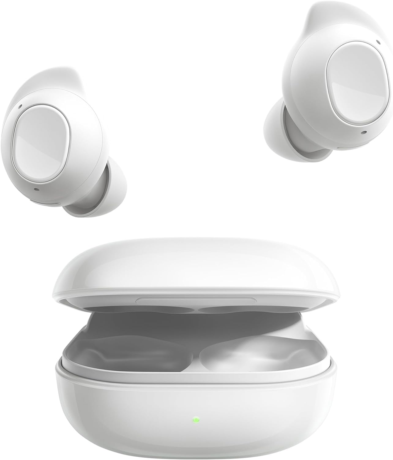 The image shows a pair of Galaxy Buds FE earbuds and their charging case. The earbuds appear to be a modern design and are likely Bluetooth-enabled for connecting to various devices like smartphones, tablets, or computers. The charging case is open, depicting the area where the earbuds are stored and charged. There's a visible LED indicator on the case which usually signals the battery status or charging status. The design is sleek and the color of the set is white.