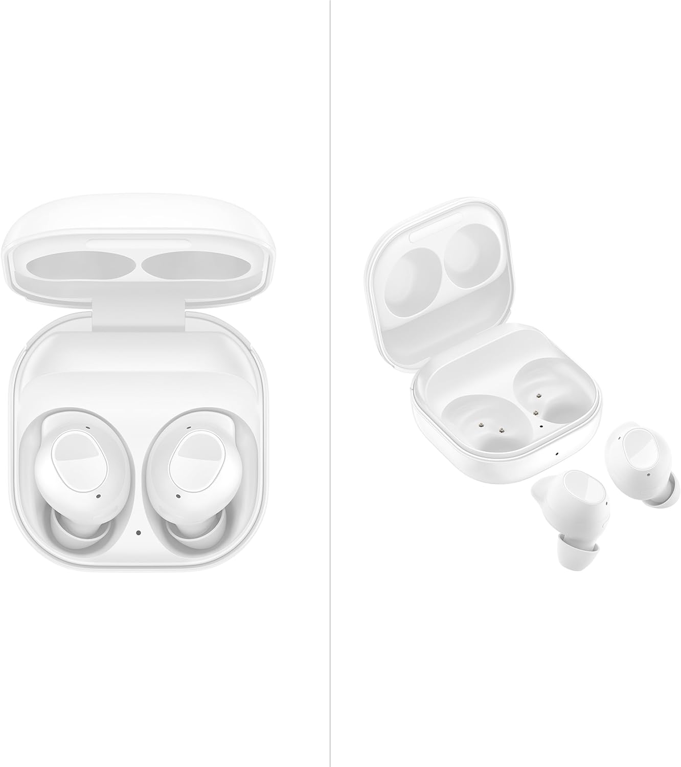 The image shows a pair of Galaxy Buds FE earbuds along with their charging case. On the left side of the image, the charging case is open with the earbuds resting inside the case, indicating the storage and charging position. On the right side, the earbuds are displayed outside of the case, suggesting they are ready for use. The design is sleek and modern, and the color scheme is white, which is a common color for such devices. The earbuds and case are designed to be compact for portability.