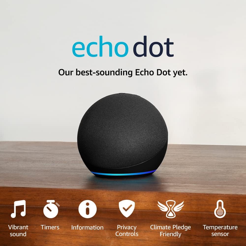 The image shows an advertisement for the Echo Dot 5, which is a popular smart speaker. 