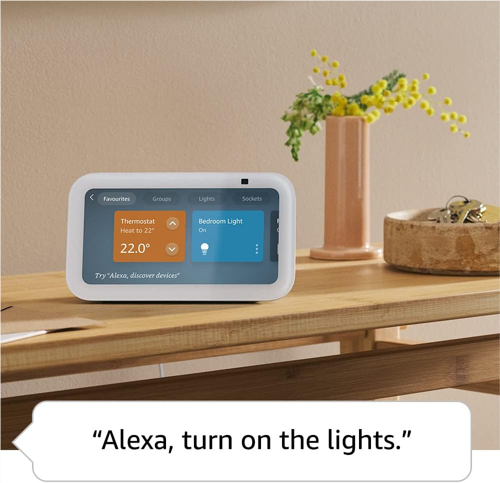The image shows an Echo Show 5, indicating control over home automation features such as a thermostat and lights.