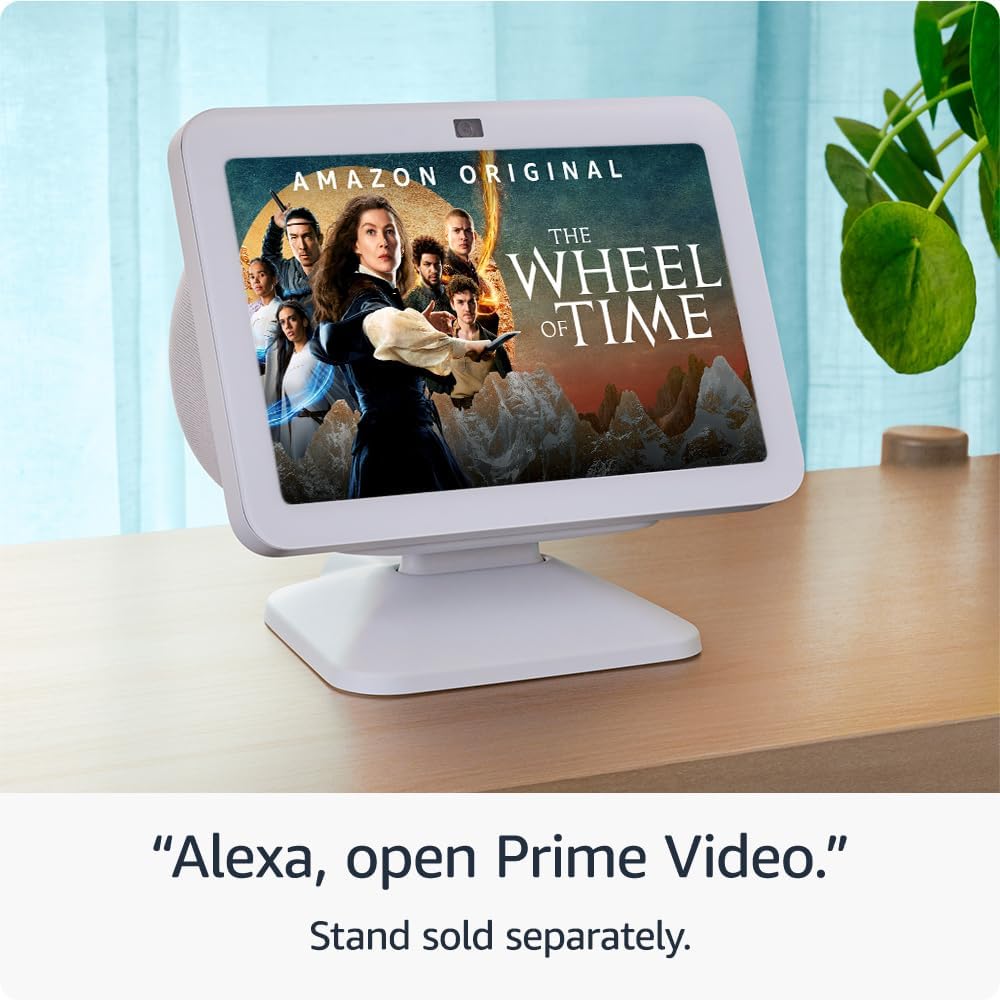 This image features a smart display device (like an Amazon Echo Show) showing the promotional poster for the Amazon Original series 