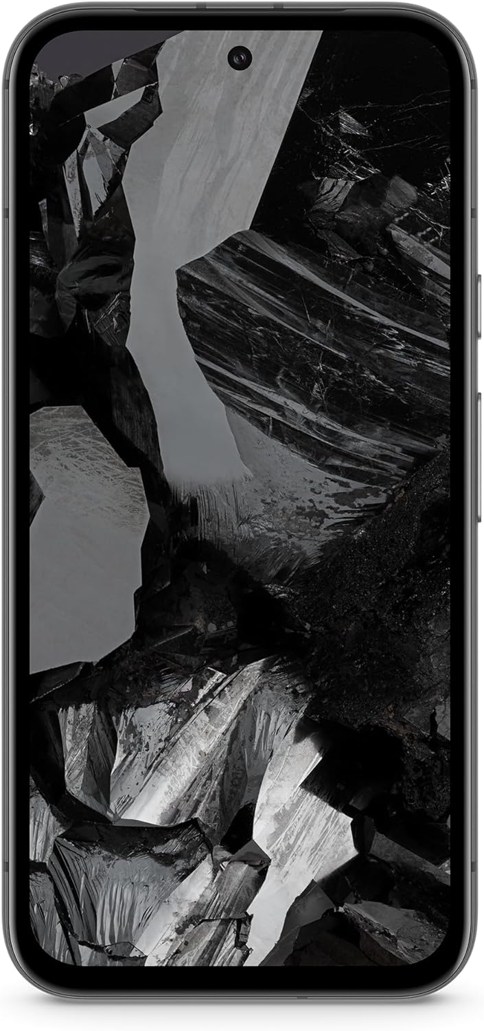 The image shows a Google Pixel 8a smartphone, from the front.  With high quality image of charcoal being shown on the display.
