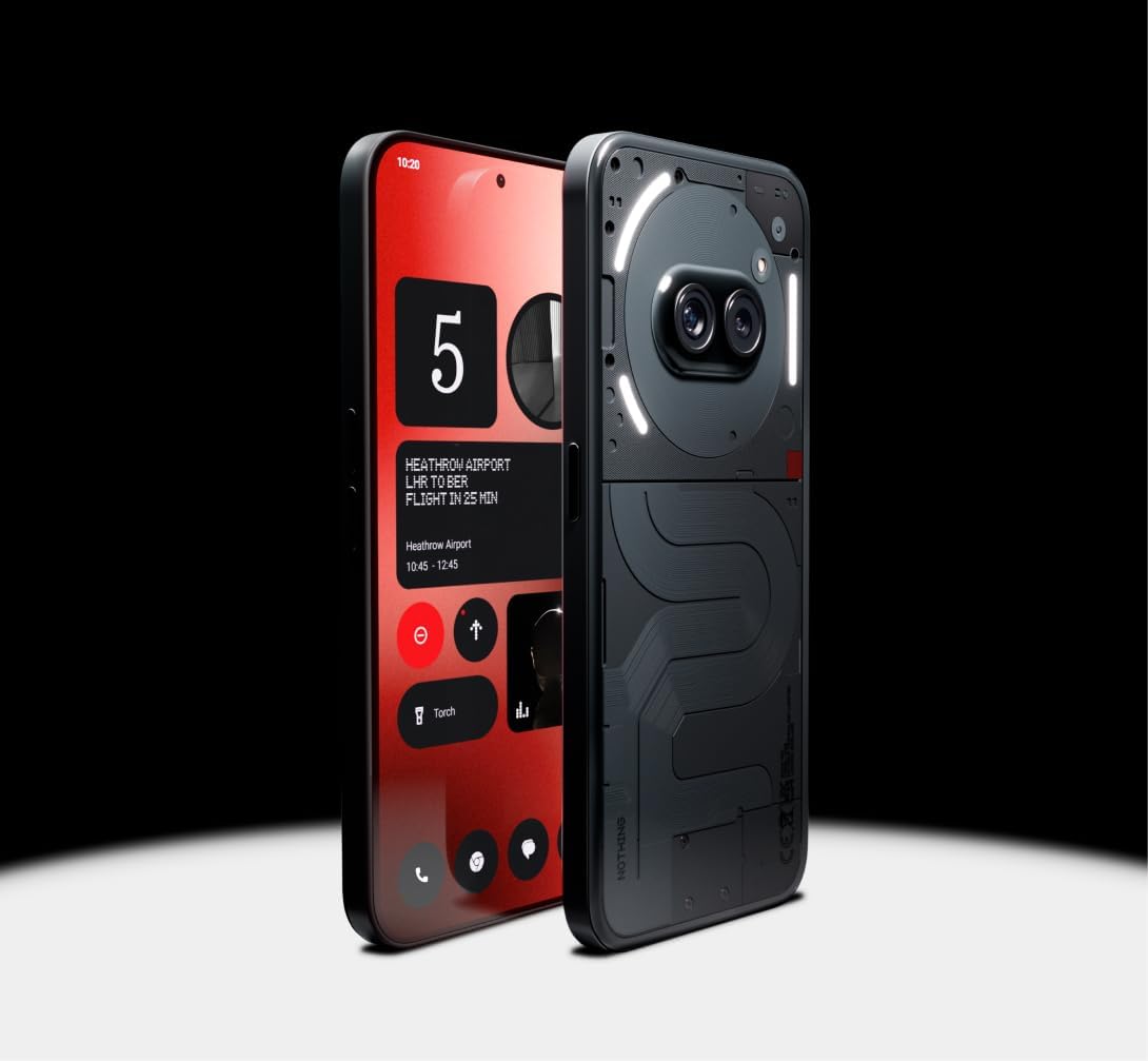 The image displays a Nothing Phone 2A showcased in two views: front and back. The front view shows a screen with a user interface indicating a flight from Heathrow Airport, suggesting the device may be targeted at travelers or have travel-related functions. The back view reveals a rugged design with an exposed screw aesthetic and a camera setup featuring two lenses and what appears to be additional sensors, indicating that the phone might be designed for durability and enhanced photographic capabilities. The phone's design is unique and stands out due to its industrial look.