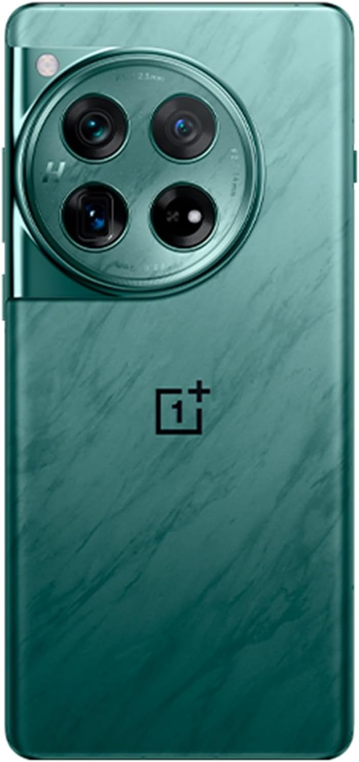 This image features the back of a OnePlus 12, characterized by its sleek design and prominent camera module. The camera module includes multiple lenses, suggesting advanced photographic capabilities. The phone body sports a distinctive green color with a marbled texture, giving it an elegant appearance. Additionally, the logo indicates that it's a OnePlus device, which is a brand known for producing high-performance smartphones.
