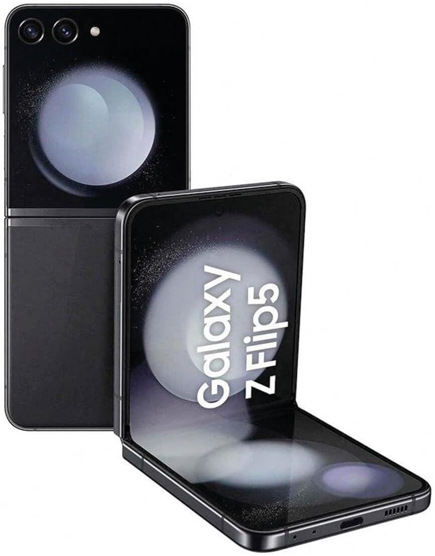 The image shows a Samsung Galaxy Z Flip5 smartphone, with one phone displayed closed and the other one shown partially open, exhibiting its folding screen capability.