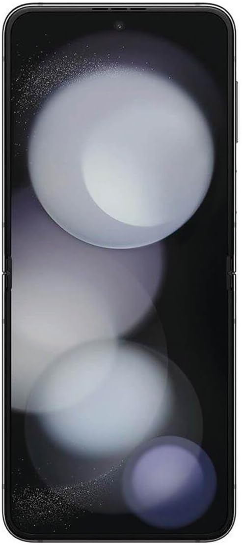 The image displays a modern smartphone showing an abstract wallpaper or a screen image featuring blurred circles or bokeh effects in varying sizes and colors, such as white and blue, against a dark background. The image is likely meant to highlight the screen's display quality, color contrast, or to serve as a default wallpaper. The circles appear to mimic the effect of out-of-focus light sources, a visual effect that is sometimes used in photography and digital art to create depth or draw attention to the subject in focus.