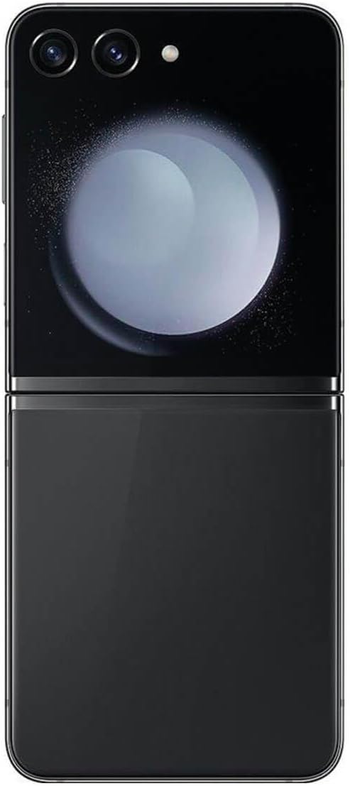 The image displays a modern flip-style Galaxy Z Flip5. The upper half of the device shows the phone's exterior with a camera system that includes multiple lenses and a flash, hinting at its photographic capabilities. The lower half shows the phone's exterior cover, which appears to be sleek and likely made of glass or a similar reflective material. The design suggests that this could be a premium model with a focus on photography, and its foldable form factor is reminiscent of the styles that have recently regained popularity.