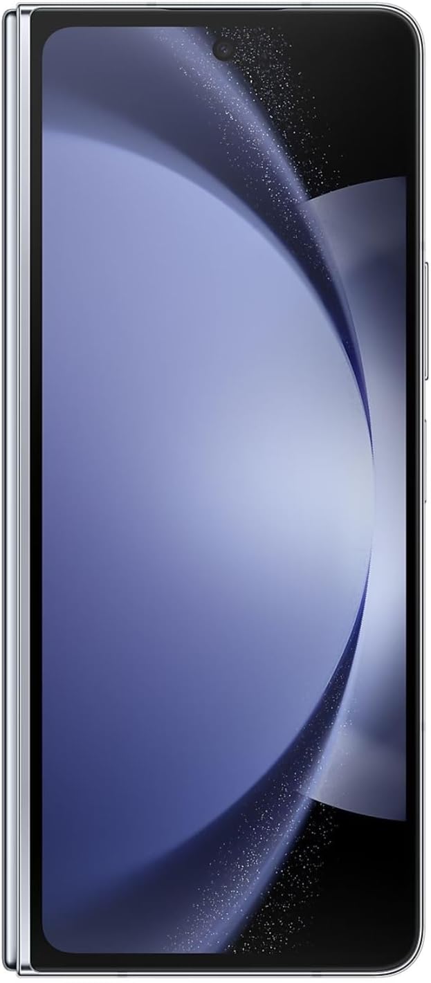 The image is of a Galaxy Z Fold 5 that is displaying a wallpaper with a gradient from dark to light blue, with a sparkling, cosmic or celestial design element. The phone has a bezel-less display with a visible front camera cutout at the top center. The design of the phone suggests it is likely one of the recent models with a focus on a high screen-to-body ratio.