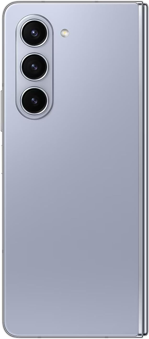 This image shows the back of a Galaxy Z Fold5, prominently featuring its camera system. There are three camera lenses aligned vertically, which likely serve different photography functions such as standard, ultra-wide, and telephoto or depth sensing. Beside the lenses, there's a smaller circle which could be an LED flash or some other sensor, such as a laser autofocus sensor. The phone's design is sleek, with a metallic or glass finish, and a visible button or segment of the phone's frame on the side which could be a power button or part of the phone's antenna system.