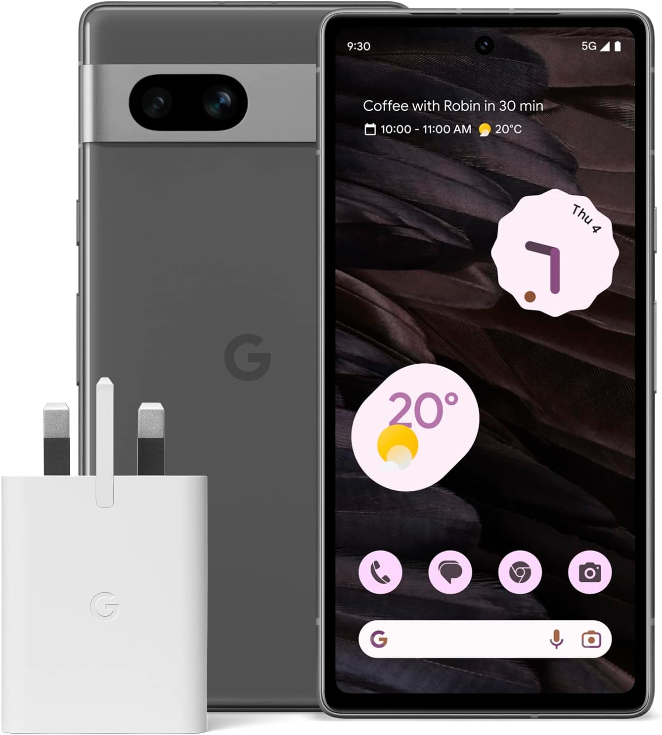 The image shows a Google Pixel 7a with its display on, revealing a user interface with icons and widgets, which suggest it might be an Android device.