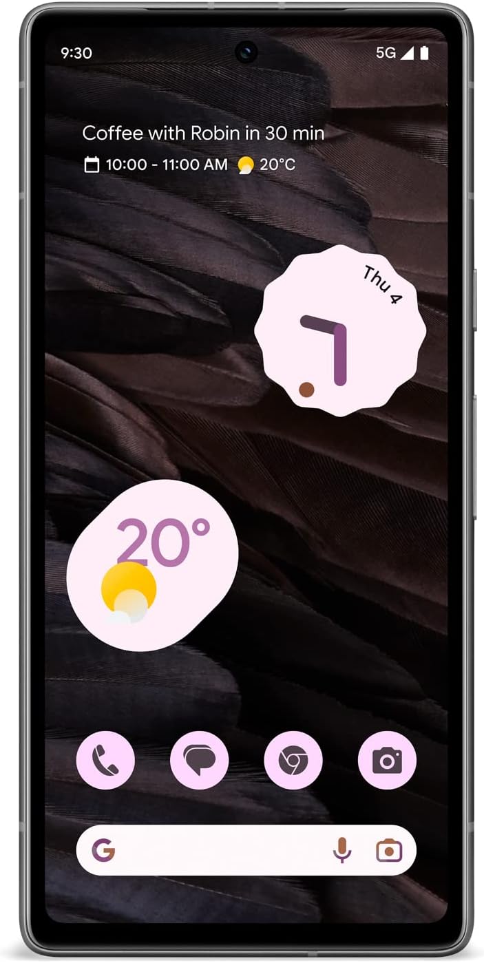 You've shared an image of a Google Pixel 7a displaying its lock screen. The display shows the following information and icons:

- At the top of the screen, the status bar indicates the time as 9:30, and there are icons for a front-facing camera, network connection (5G signal), and battery level indicator.