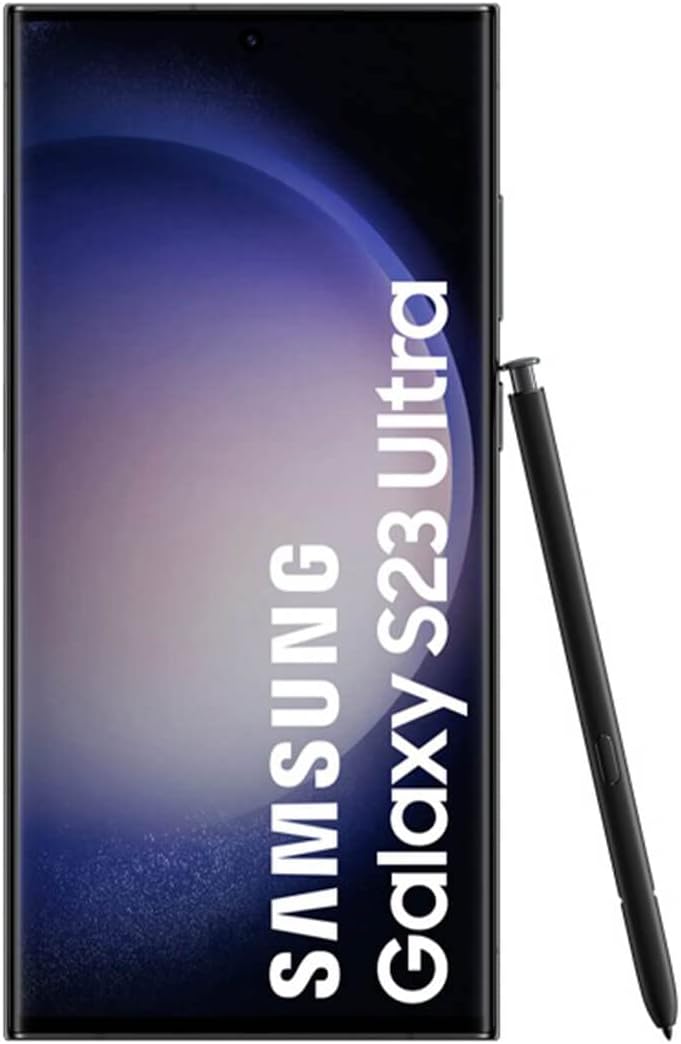 This image displays a Samsung Galaxy S23 Ultra smartphone along with its accompanying S Pen. The phone is shown from the front with part of the screen visible, featuring the Samsung logo and the model name. The S Pen is located to the right of the phone, indicating that it is a stylus designed for use with this device, providing additional functionality for note-taking, drawing, and navigation.