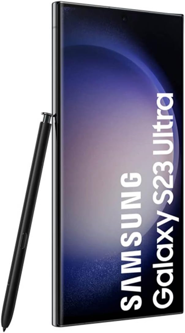 The image features a Samsung Galaxy S23 Ultra smartphone along with its S Pen.