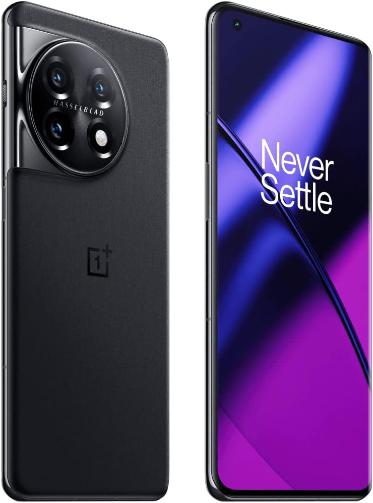 The image shows a modern OnePlus 11, depicted from two angles. On the left, the rear of the phone is displayed, showcasing a camer.