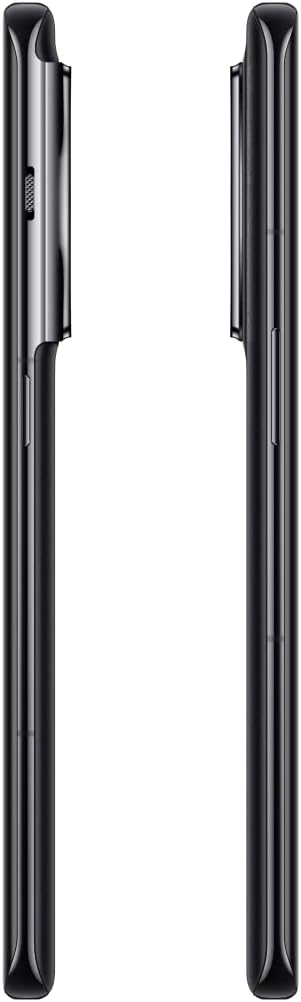 The image shows two views of a black object that resembles a OnePlus 11.