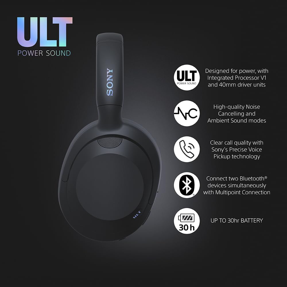The image displays a pair of Sony Ult Wearwith several features highlighted around it. These features include:
- Designed for power, with Integrated Processor V1 and 40mm driver units
- High-quality Noise Cancelling and Ambient Sound modes
- Clear call quality with Sony's Precise Voice Pickup technology
- The capability to connect two Bluetooth® devices simultaneously with Multipoint Connection
- Up to 30 hours of battery life
The design suggests these are premium headphones focused on providing high-quality audio experience with advanced noise-cancelling technology. The ability to connect to multiple devices and the long battery life are practical features for users who are on the go. The product is presented in a sleek, dark color scheme, accentuating a modern, sophisticated look.