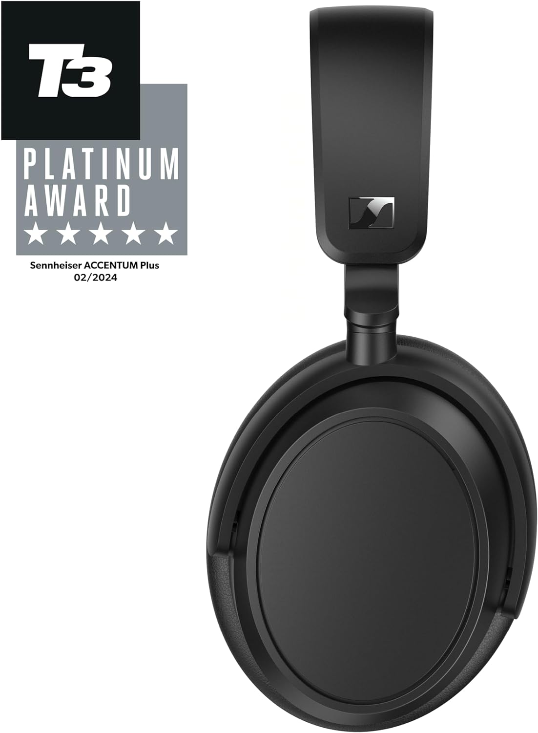 The image shows a set of black Sennheiser Accentum Plus headphones. The design appears sleek and modern, with a prominent branding symbol on the side of the headband. 