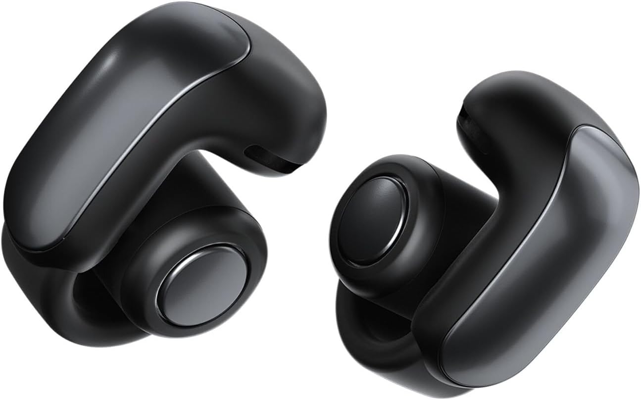 This image shows a pair of black Bose Ultra Open earbuds. They are designed to be inserted into the ears and are used to listen to audio from devices such as smartphones, tablets, or computers without the need for physical cables. These earbuds appear to have an ergonomic design and probably come with features like Bluetooth connectivity.