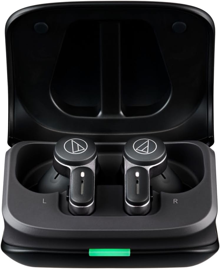 The image shows a pair of Audio-Technica ATH-TWX7 earbuds inside their charging case.