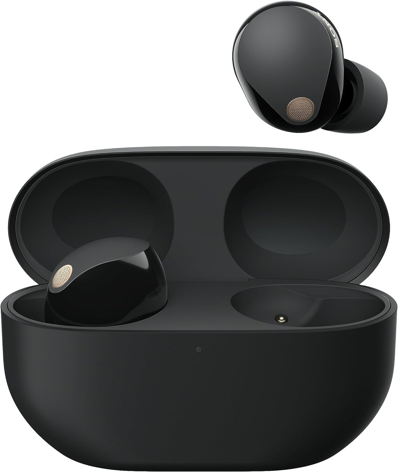 The image shows a pair of black, Sony WF-1000XM5 earbuds alongside their charging case. The earbuds have a distinctive design with a rounded shape and appear to have a metallic accent, possibly for touch controls or branding. The charging case is open, revealing the compartment where the earbuds are stored and charged.
