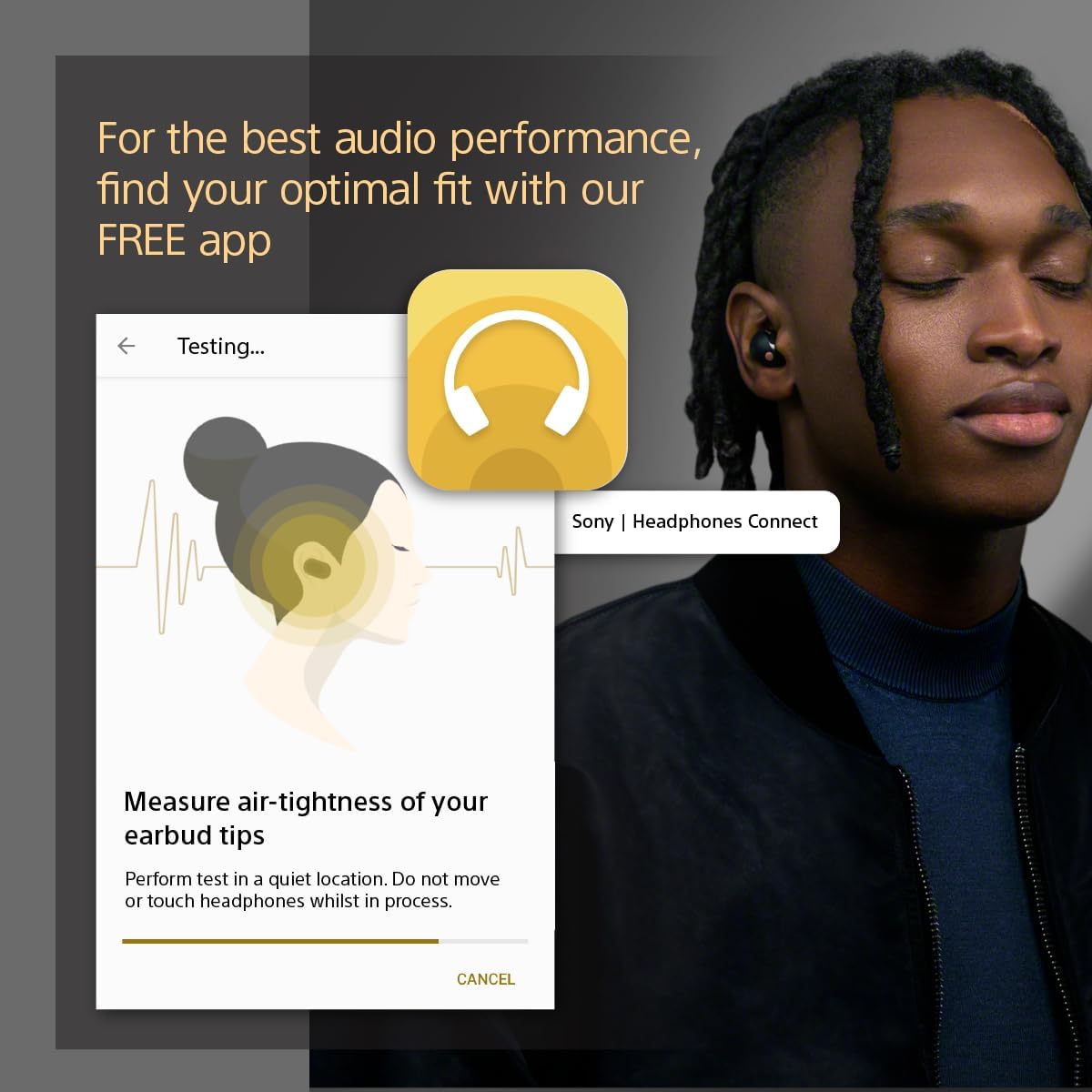The image shows a person wearing Sony WF-1000XM5 earbuds, with a focus on the right ear wearing one of the earbuds. Overlaying the image is a graphic from a mobile application promoting the best audio performance through an optimal fit with the use of the app.