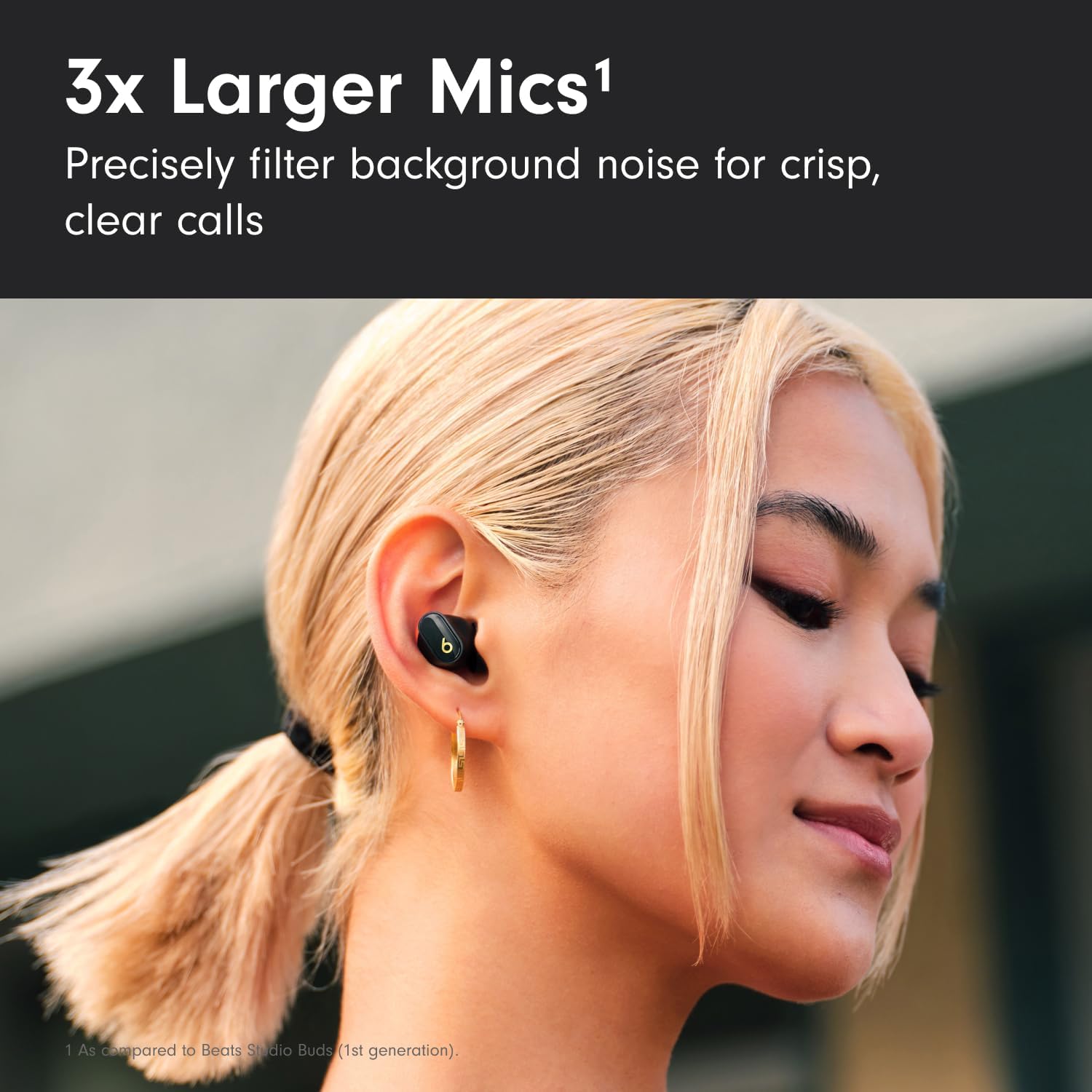 The image features a woman wearing Beats Studio Buds Plus earbuds. 
