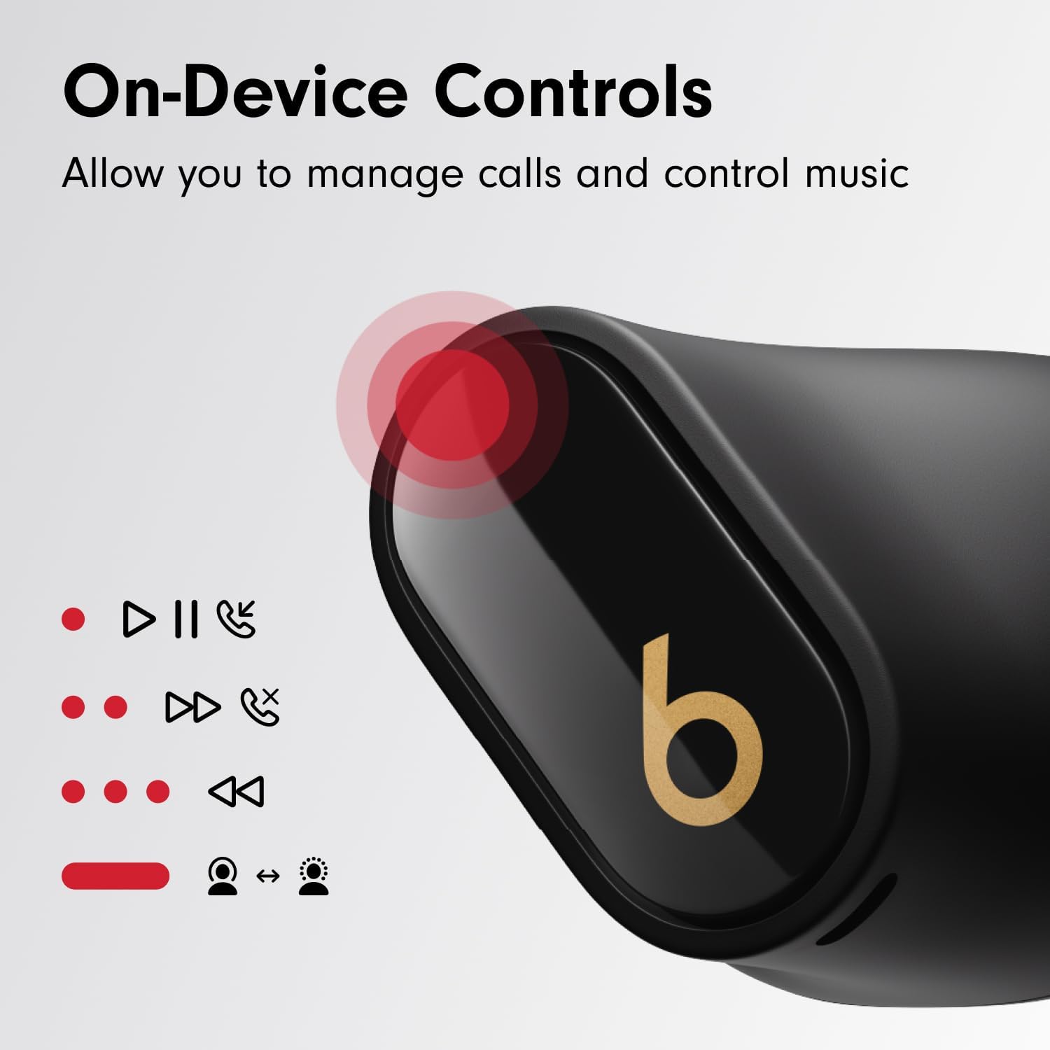This image features a close-up view of a Beats Studio Buds Plus earbud, which bears the 'b' logo indicating it is likely a product from the Beats by Dre brand.