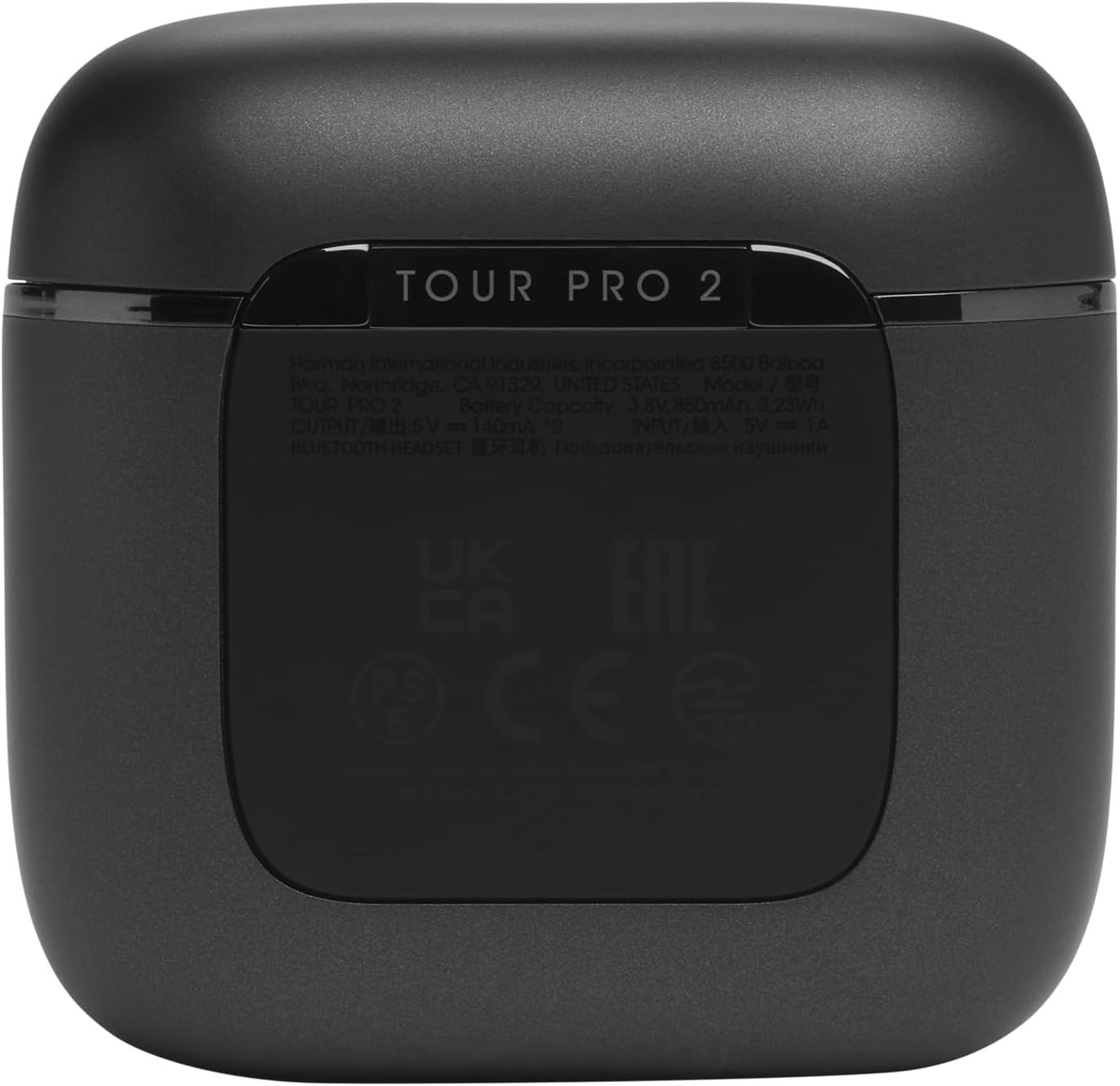 This image shows a black charging case for wireless earbuds. The case is marked with 