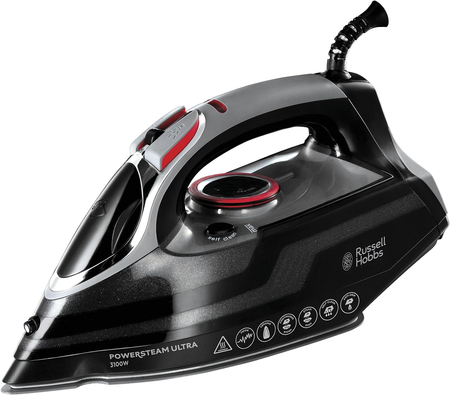 This image shows a Russell Hobbs Power Steam Ultra Iron. It is designed for ironing clothes and fabrics to remove wrinkles.