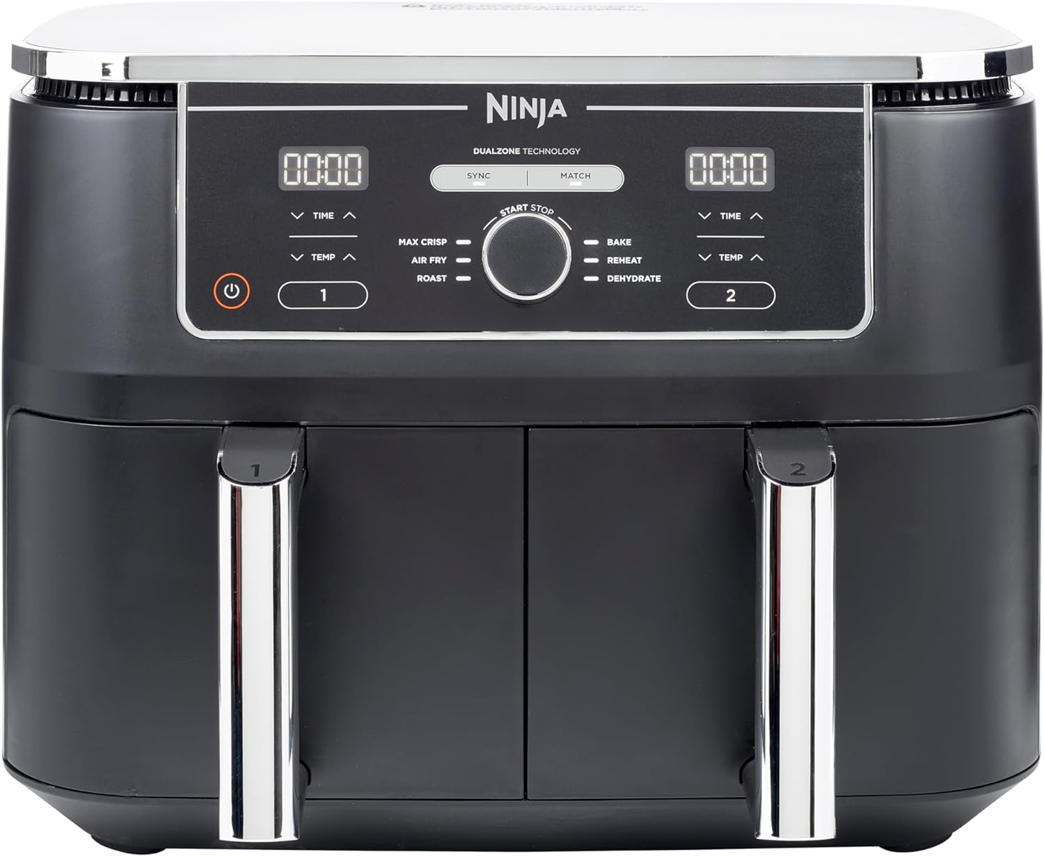 This image shows a Ninja Dual Air Fryer 9.5 L. It is a kitchen appliance designed for cooking a variety of foods by circulating hot air around the food, achieving a crispy layer similar to frying but using little to no oil.