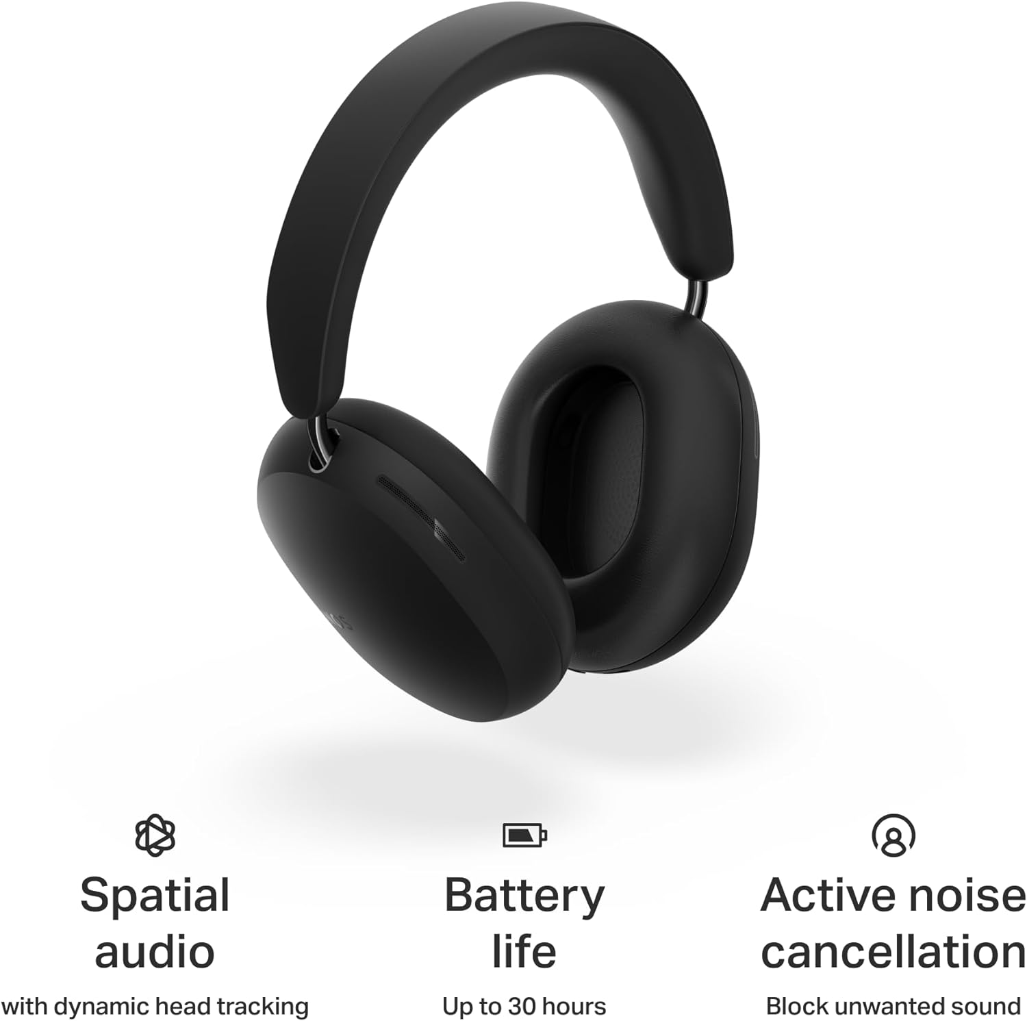The image shows a pair of Sonos Ace headphones with various features highlighted. The features listed are:
1. Spatial audio with dynamic head tracking.
2. Battery life is advertised as up to 30 hours.
3. Active noise cancellation, with the capability to block unwanted sound.
The headphones appear to have a modern, sleek design, primarily in black, with padding around the ear cups for comfort. The headphones likely offer a wireless listening experience, targeted at users who prioritize high-quality sound and features like noise cancellation and spatial audio.