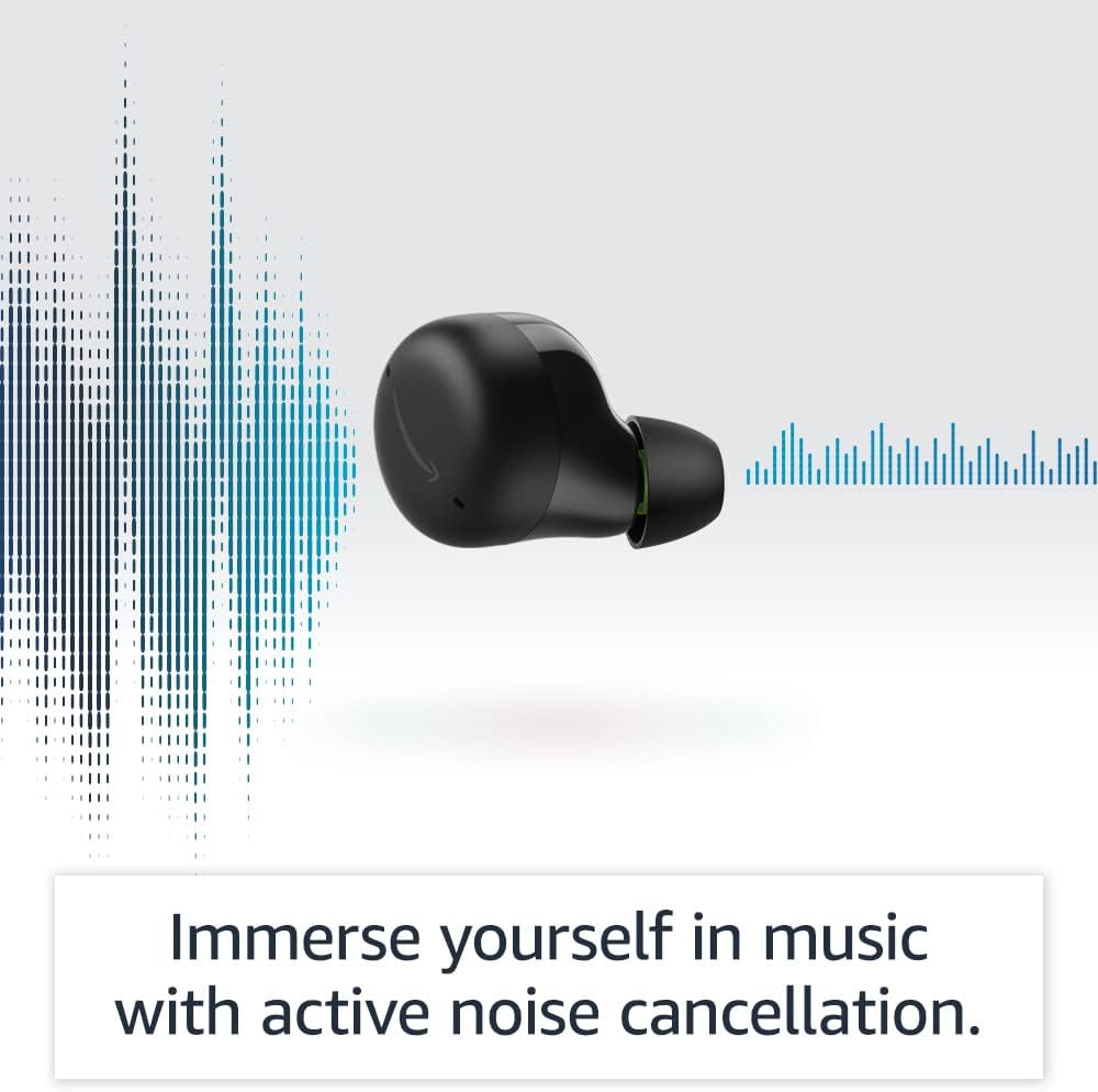 The image shows a single black Amazon Echo Bud with a short stem on a light background. To the left of the earbud, there is a graphic visualizing sound levels with horizontal bars that start densely packed and large at the bottom and get shorter as they extend upwards, transitioning from dark blue to light blue and then to white, possibly representing sound waves being cancelled or reduced. 