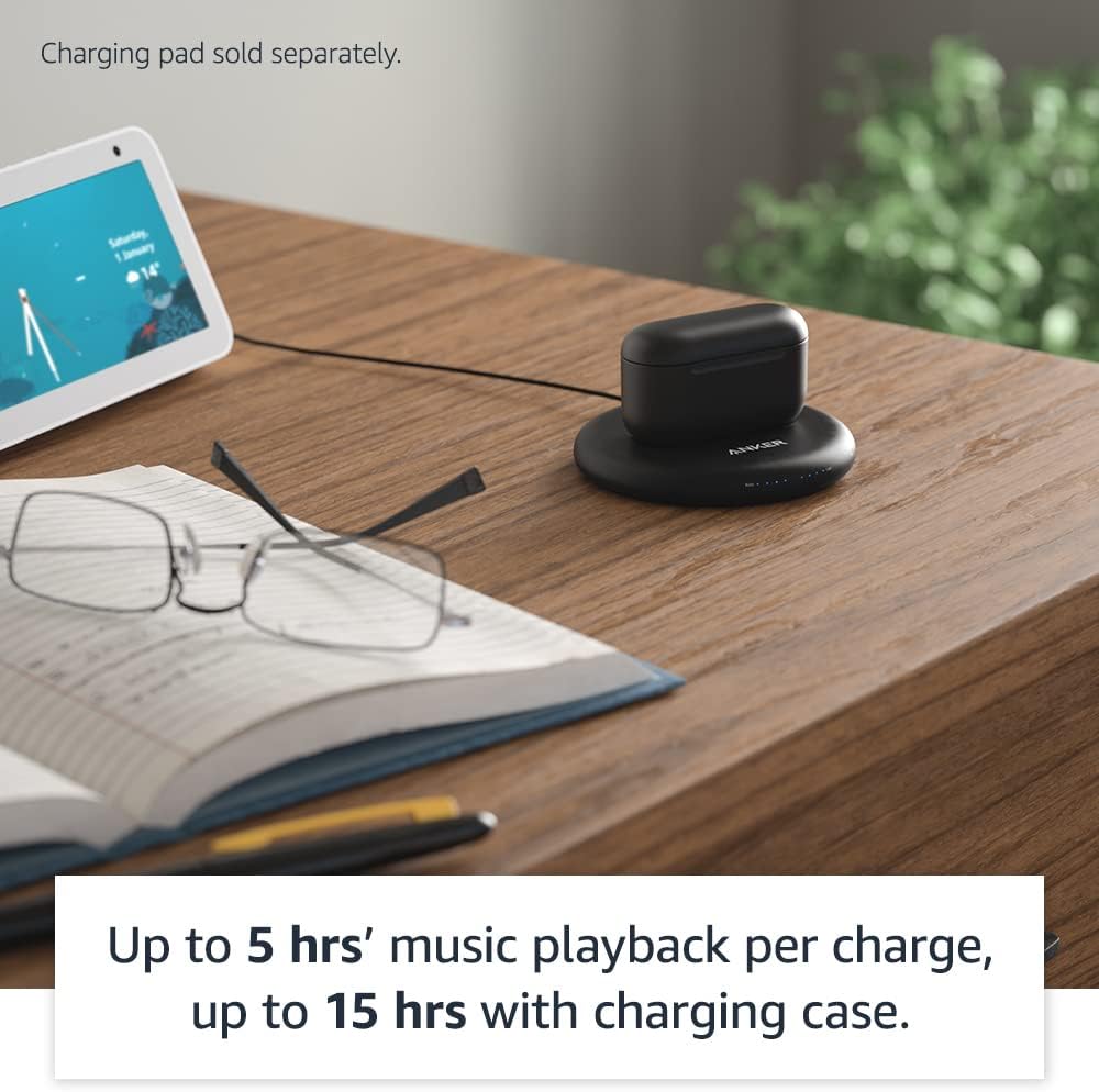 This image appears to show a pair of Amazon Echo Buds in a charging case that is placed on a wireless charging pad. 