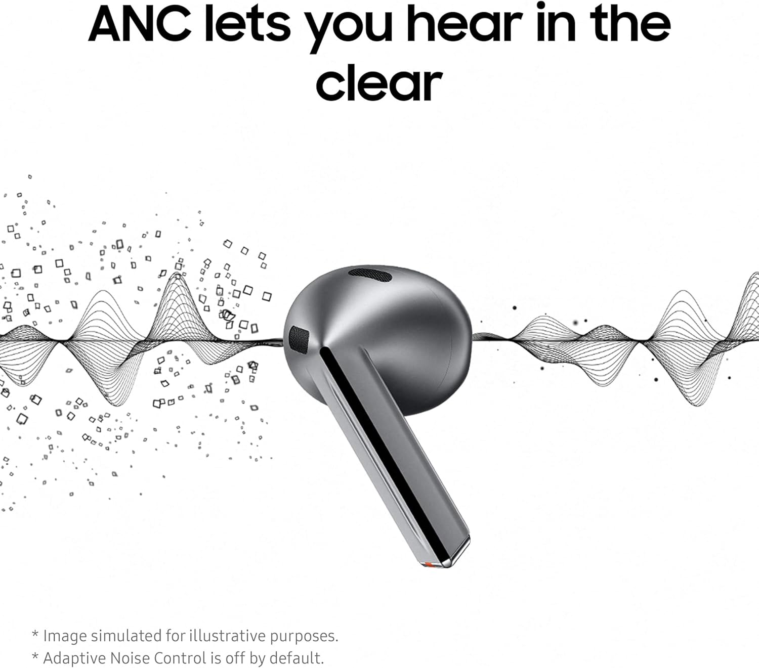 The image displays a Samsung Galaxy Buds3 earbud with the message “ANC lets you hear in the clear.