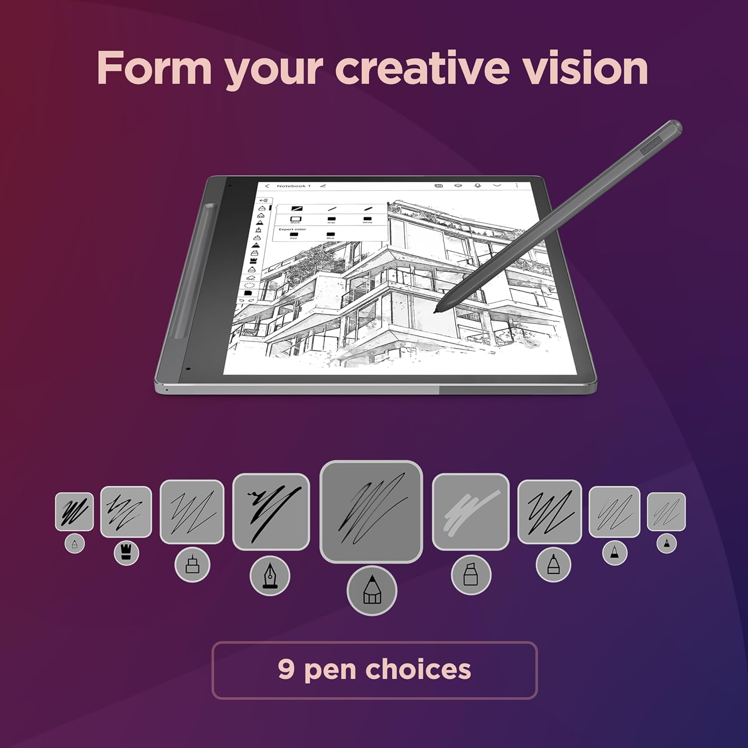 The image shows a graphic tablet with a stylus pen, displaying a black and white drawing of what looks like an architectural structure on its screen. Below the tablet, there are icons representing nine different pen choices for drawing, probably offering various line styles or brush types for digital art creation.