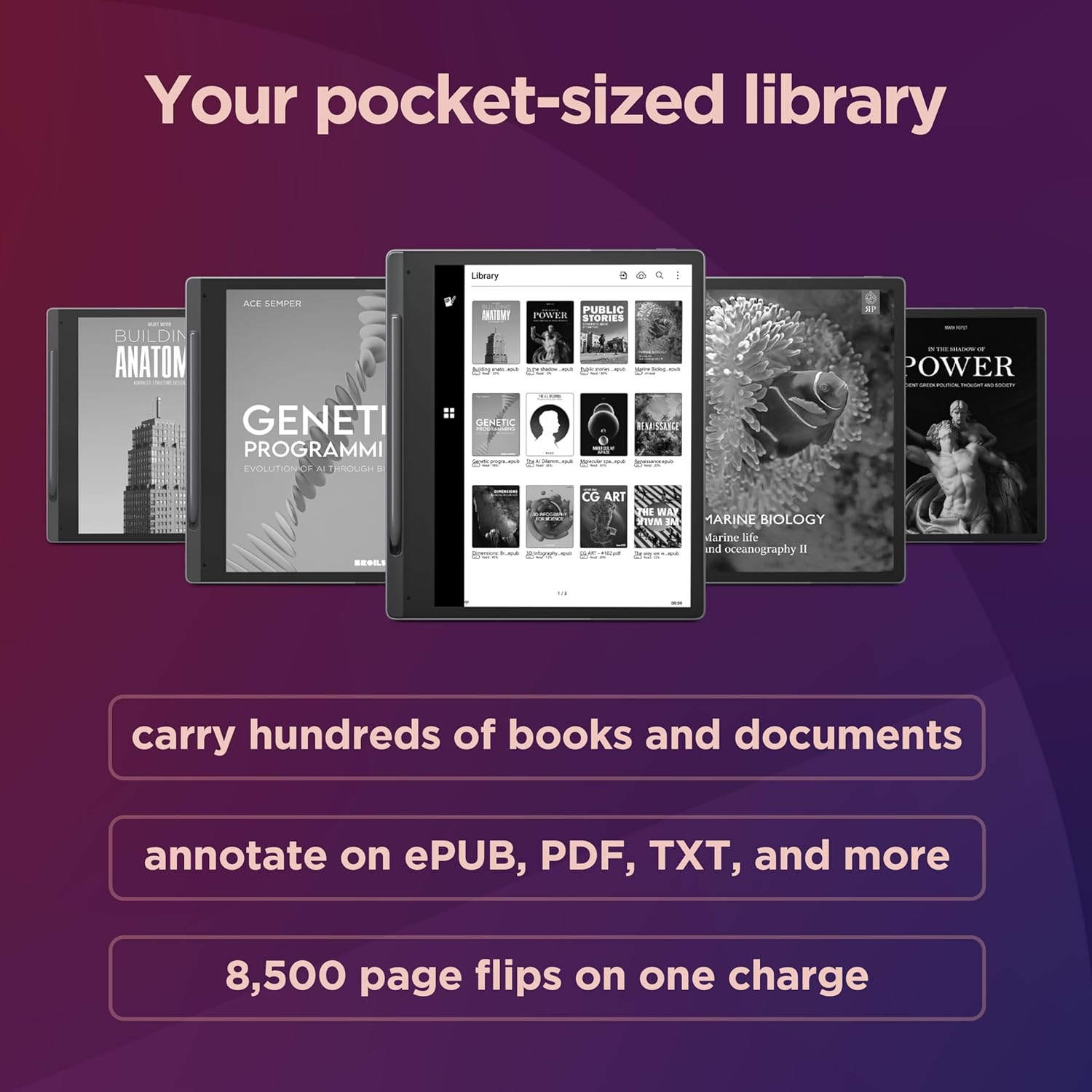 The image shows an advertisement for a digital reading device, which is likely an e-reader. 