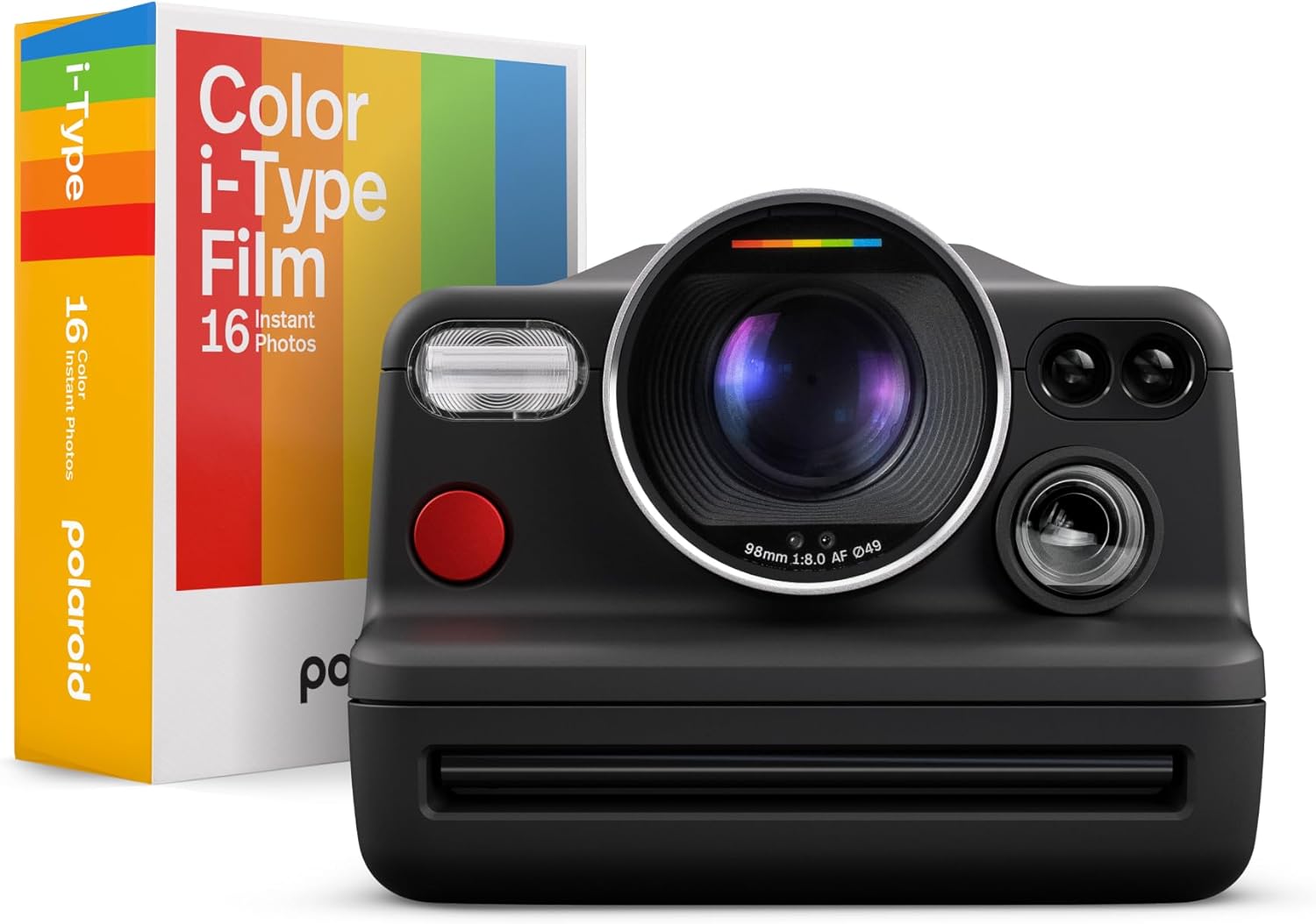 The image shows an instant film camera with a box of color i-Type film next to it. The camera appears to be a Polaroid model, as indicated by the branding visible on both the camera and film box. The camera has a prominent lens, a flash to the left of the lens as viewed from the front, buttons above the lens barrel, and another lens or viewfinder on the right. The film box suggests that it contains film cartridges that can be used to take instant photos with this kind of camera. Instant cameras like this one are popular for their ability to produce physical photographs shortly after taking a picture.