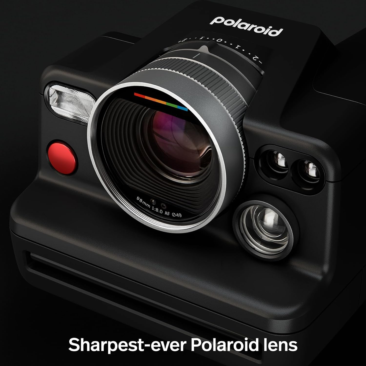The image features a close-up of a Polaroid i-2 camera lens.