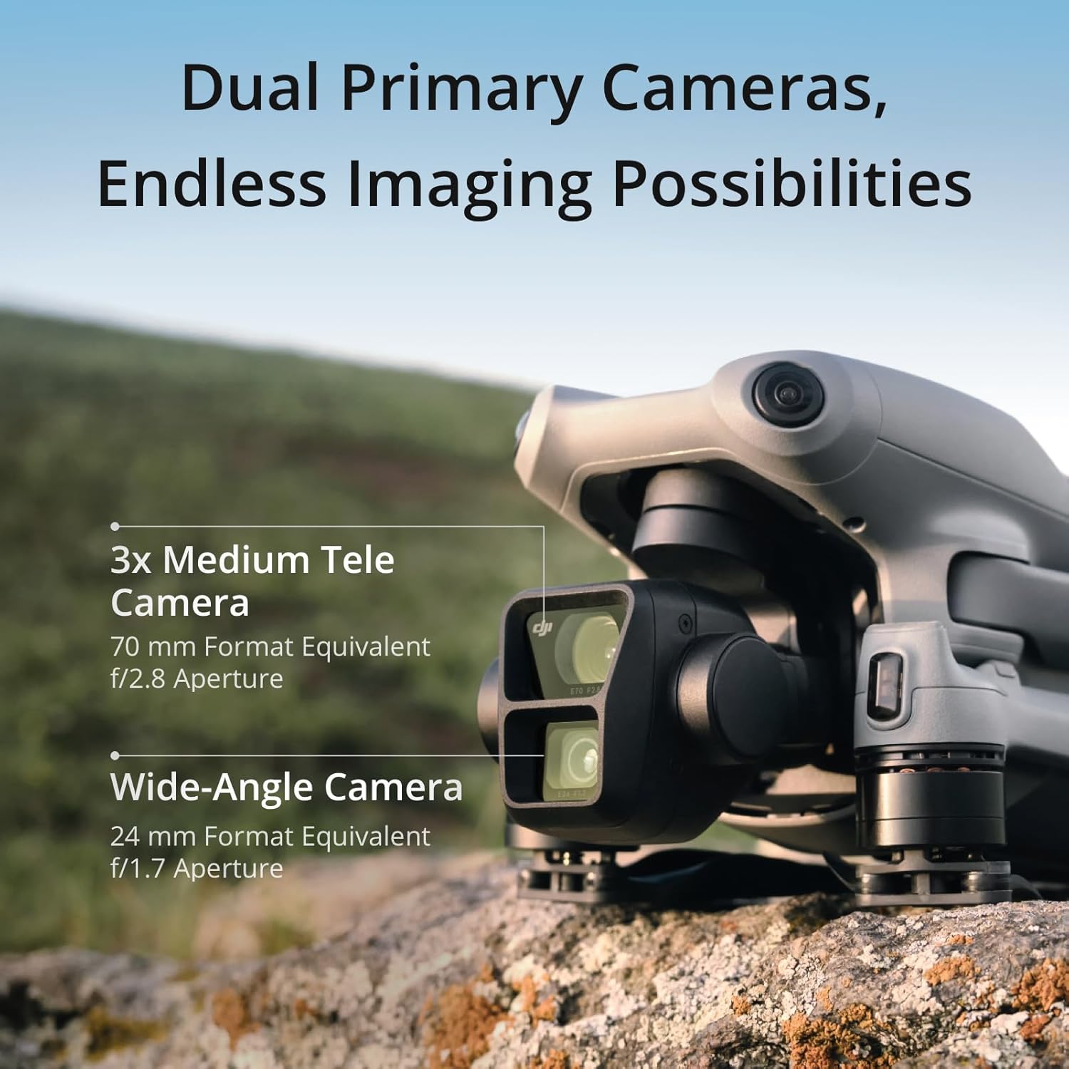 This image showcases a dual camera system of a DJI Air 3. The text highlights the capabilities of the camera system, which includes two primary cameras: one with a 3x Medium Tele (telephoto) lens with a 70 mm format equivalent and f/2.8 aperture, and the other with a Wide-Angle lens with a 24 mm format equivalent and f/1.7 aperture. The drone is set against a natural background, and the image is meant to emphasize the versatility and quality of imaging possible with this equipment.