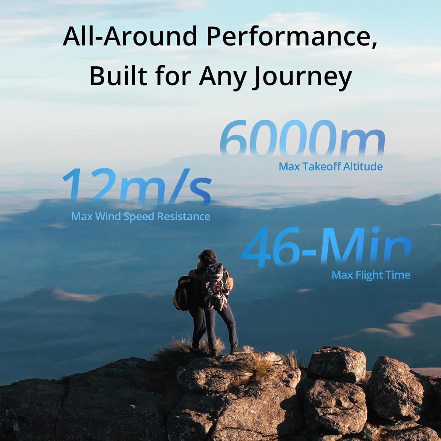This image appears to be an advertisement featuring a person standing on a rocky ledge overlooking a vast landscape. The person is equipped with a backpack, suggesting they are hiking or engaged in some outdoor adventure.  