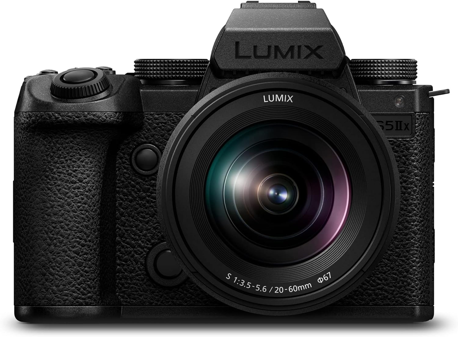 The image shows a modern digital camera. It is a Lumix S5 II X, which is a brand developed by Panasonic. The lens specification visible on the camera lens indicates it has a variable aperture of f/3.5 to f/5.6 and a focal length range of 20-60mm, which suggests it is a zoom lens likely suited for a variety of photography styles from wide-angle to portrait shots.